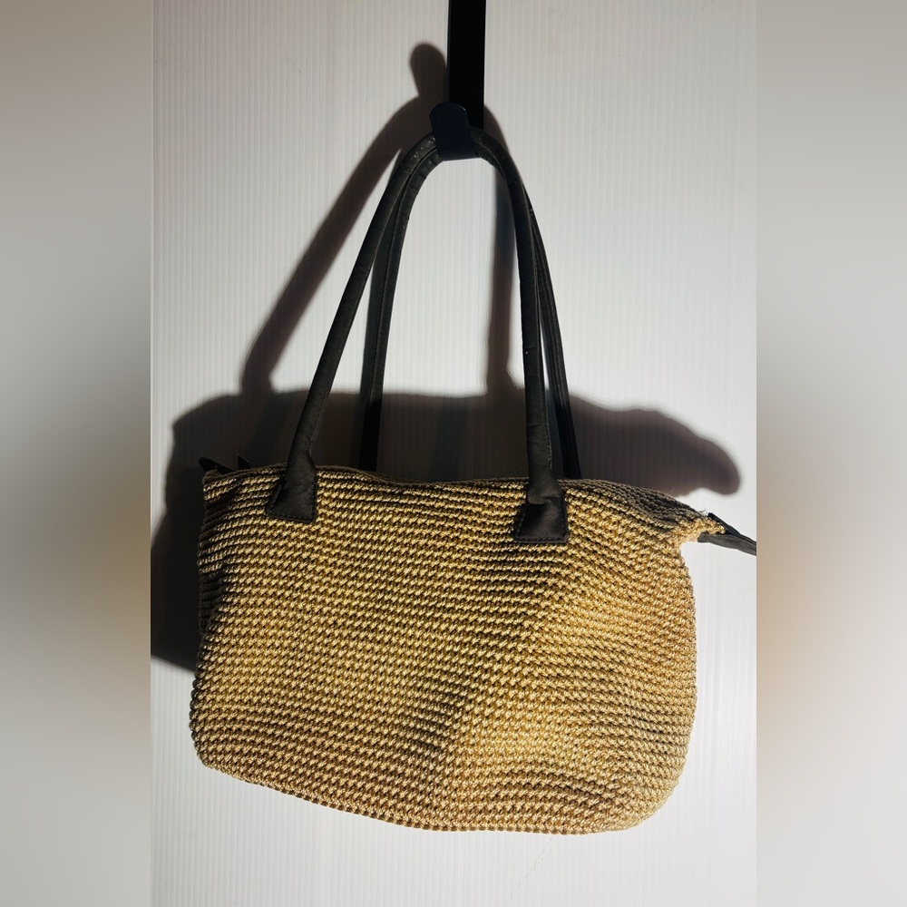The Sak Tan Woven Shoulder Bag Crochet Boho Handbag Black Straps